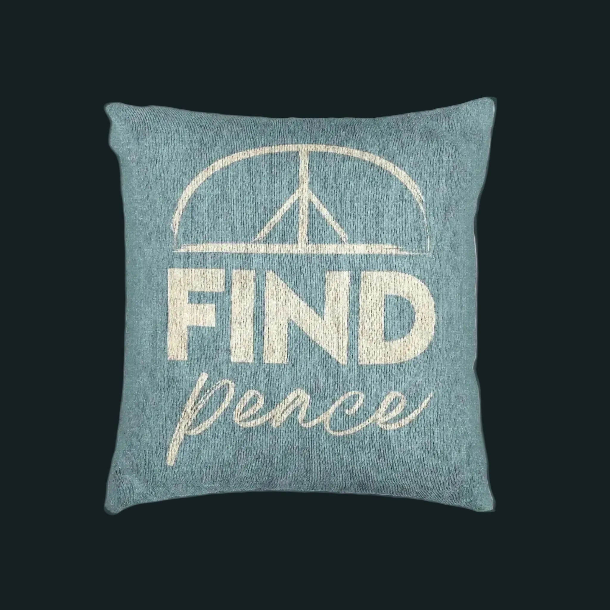 FIND Peace Pillow in Azure – soft blue intention pillow with 'FIND Peace' text and peace symbol, double-sided design for throat chakra alignment